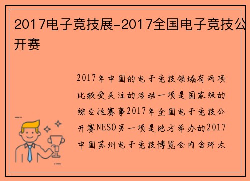 2017电子竞技展-2017全国电子竞技公开赛